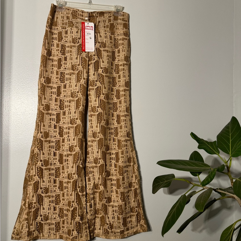 Brown Patterned Wide-Leg Pants